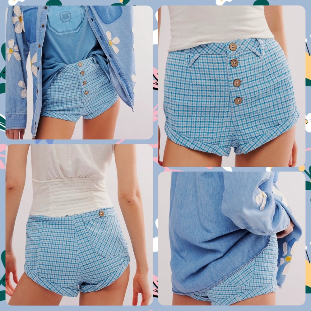 🍒NWT Free People Checked Out Plaid Brief Shorts. Blue Combo. Size: 14